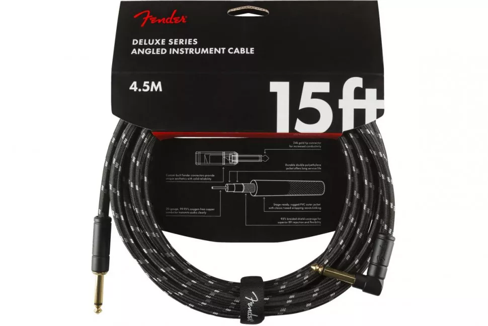 Fender CABLE DELUXE SERIES 15' ANGLED BLACK TWEED