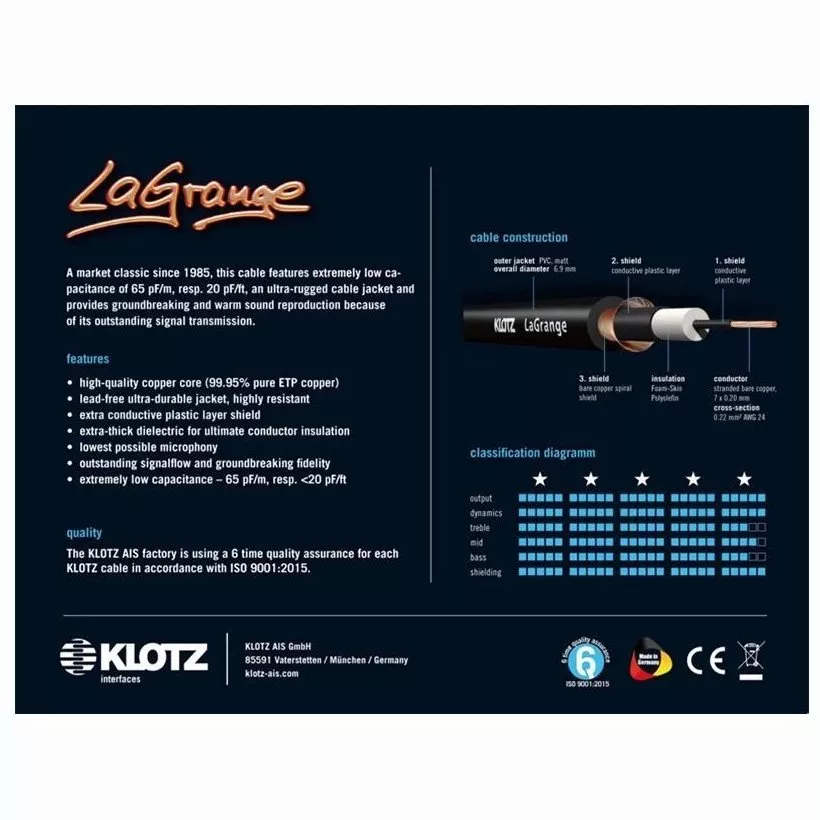 Klotz La-Grange Instrument Cabel Angled Black 3m