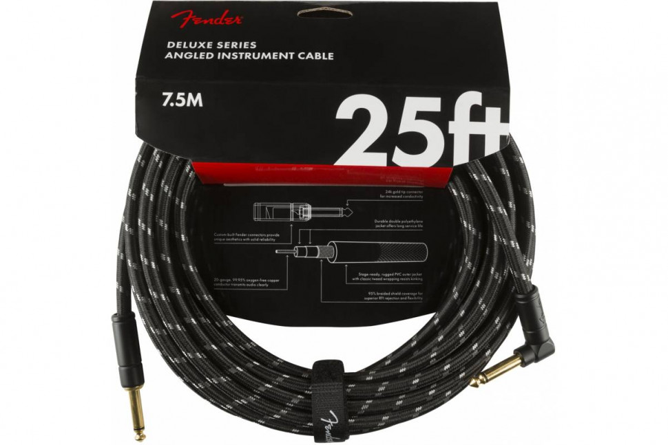Fender CABLE DELUXE SERIES 25' ANGLED BLACK TWEED